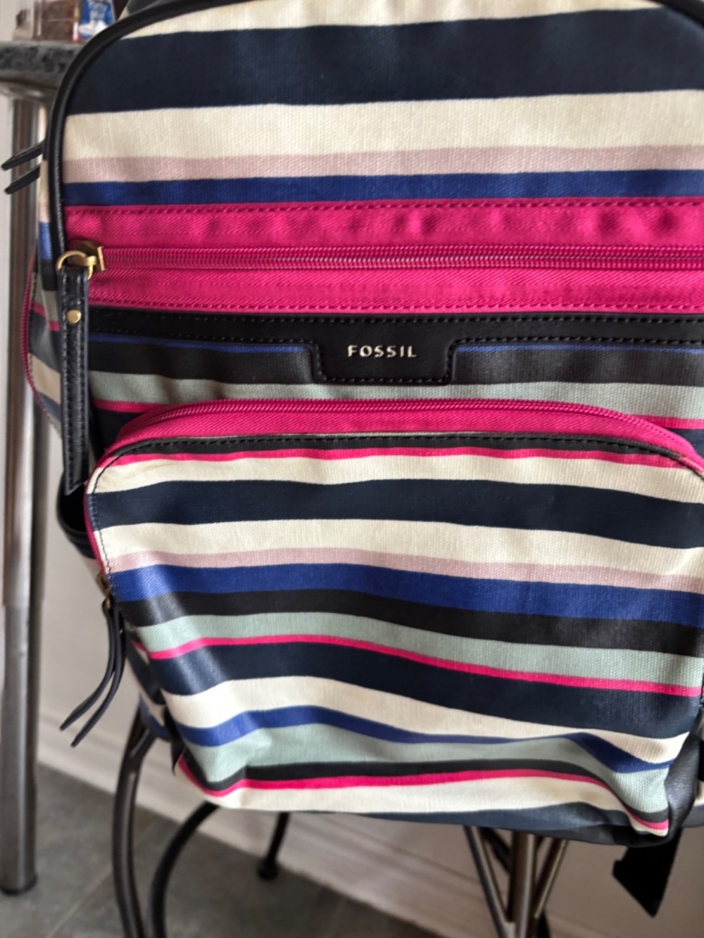 Fossil Eliza Campus Backpack Multicolor Stripe Coated Canvas Bookbag - Picture 2 of 8